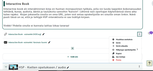 Kuva muokkaustilassa olevan kurssin sisällön uusista muutosvaihtoehdoista.