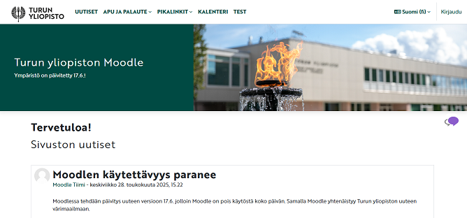 Moodlen uuden version etusivu, jossa havaittavissa värien muutos.