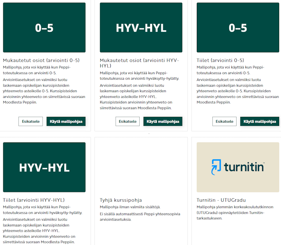 Kuvakaappaus mallipohjavaihtoehtojen valintanäkymästä